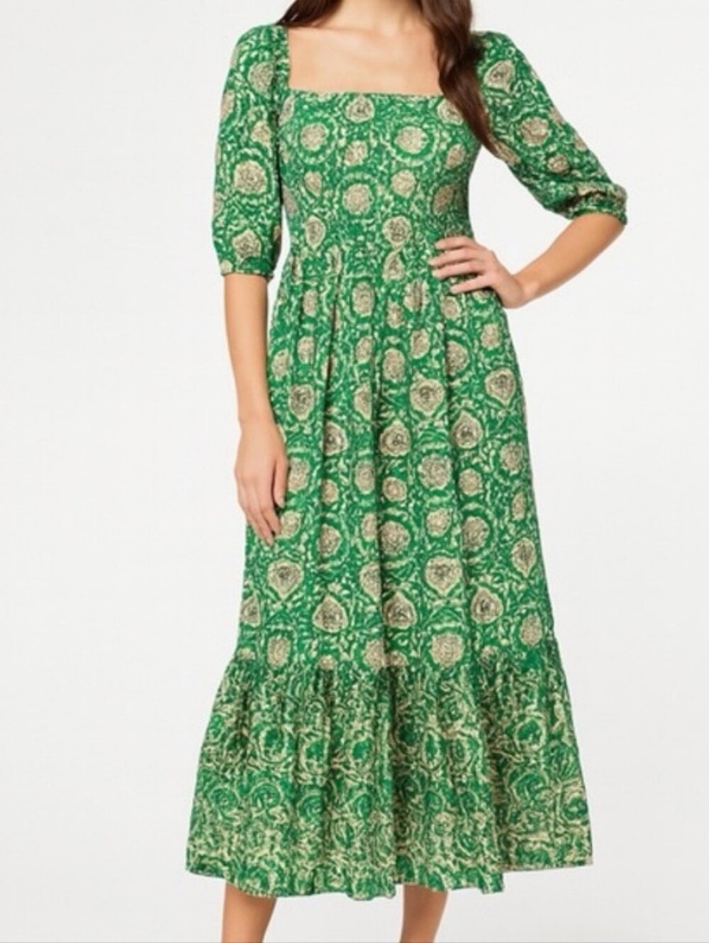House Of Harlow 1960 Green Printed Midi Dress 100% Cotton